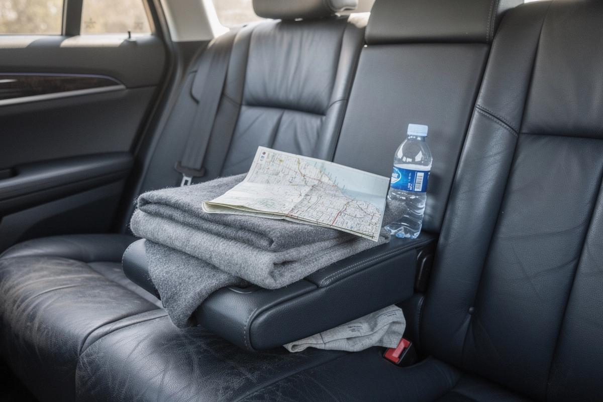 Documentary photograph of a chauffeur car interior with a folded blanket and a road map on the rear armrest.